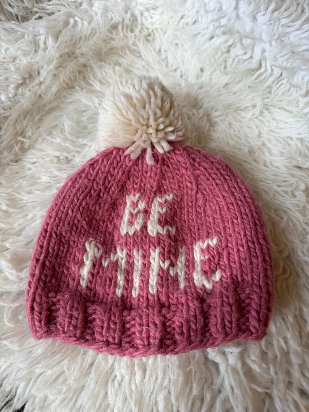 SPEARMINT LOVE | Pink Knit Pom Beanie with Cream 'Be Mine' Detail